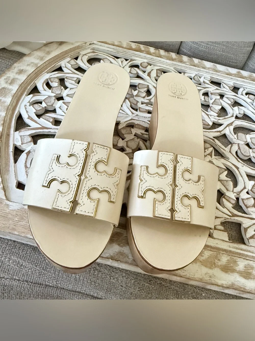 Tory Burch Cream Leather Logo Slide Sandals Shoes Women’s 7.5